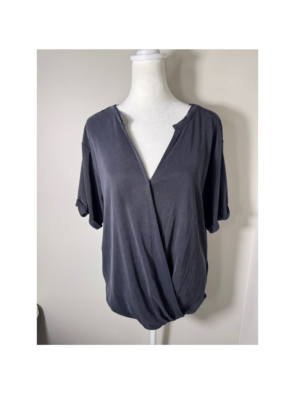 Saturday Sunday Charcoal Grey Wrap Front Short Sleeve Top Women's Size M
